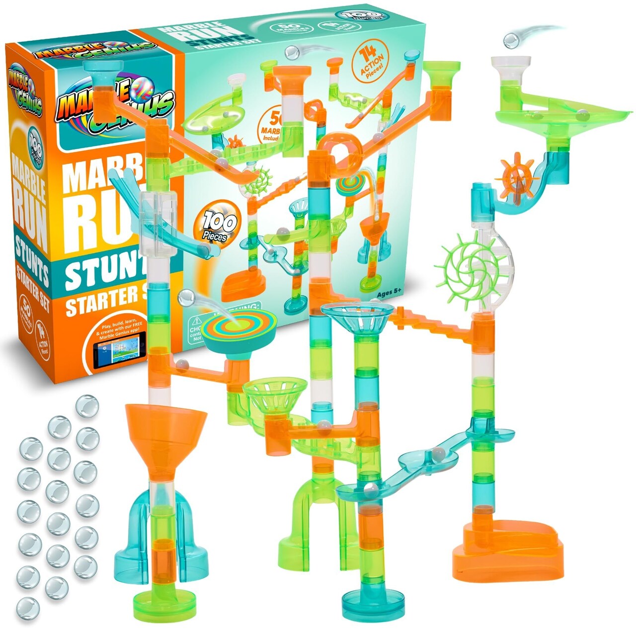 Marble Genius Marble Run Stunts Starter Set: 100 Pieces Total, 14 Action Pieces Including New Patented Trampoline, Includes Free Online App and Full-Color Instruction Booklet, Made for Ages 5 and Up